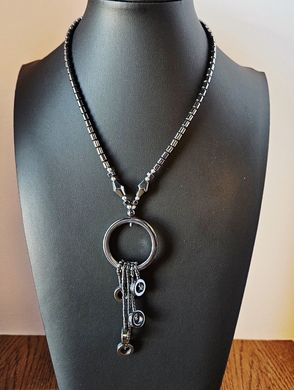 Hematite Beaded Necklace Circle Geometric